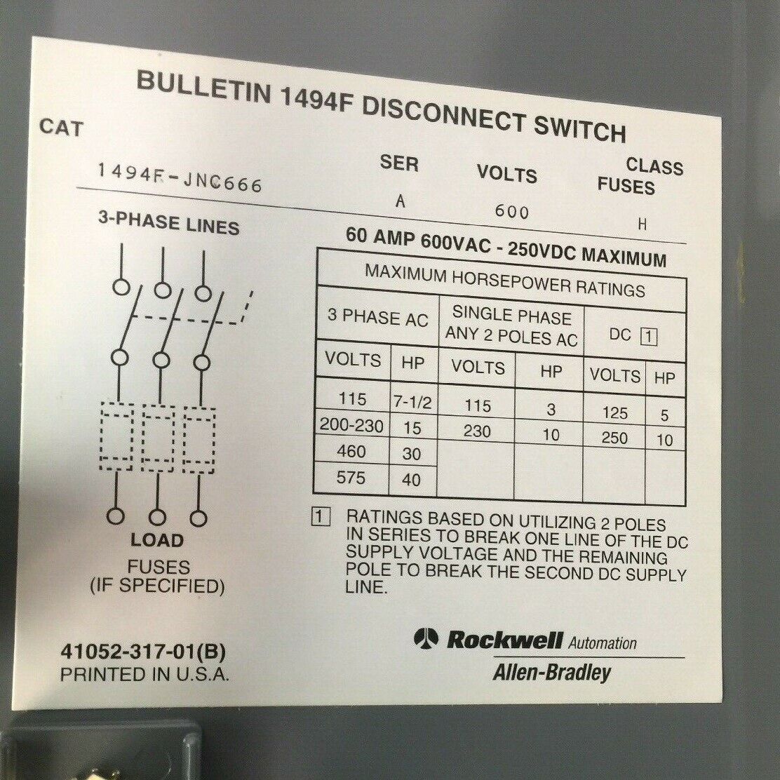ALLEN BRADLEY 1494F-JNC666 DISCONNECT SWITCH 60 AMP 40HP 600VAC 250VDC FUSIBLE