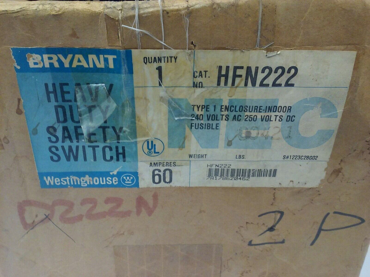 WESTINGHOUSE HFN222 FUSIBLE SAFETY SWITCH 2P, 60A, 240V, TYPE 1 INDOOR, 10HP