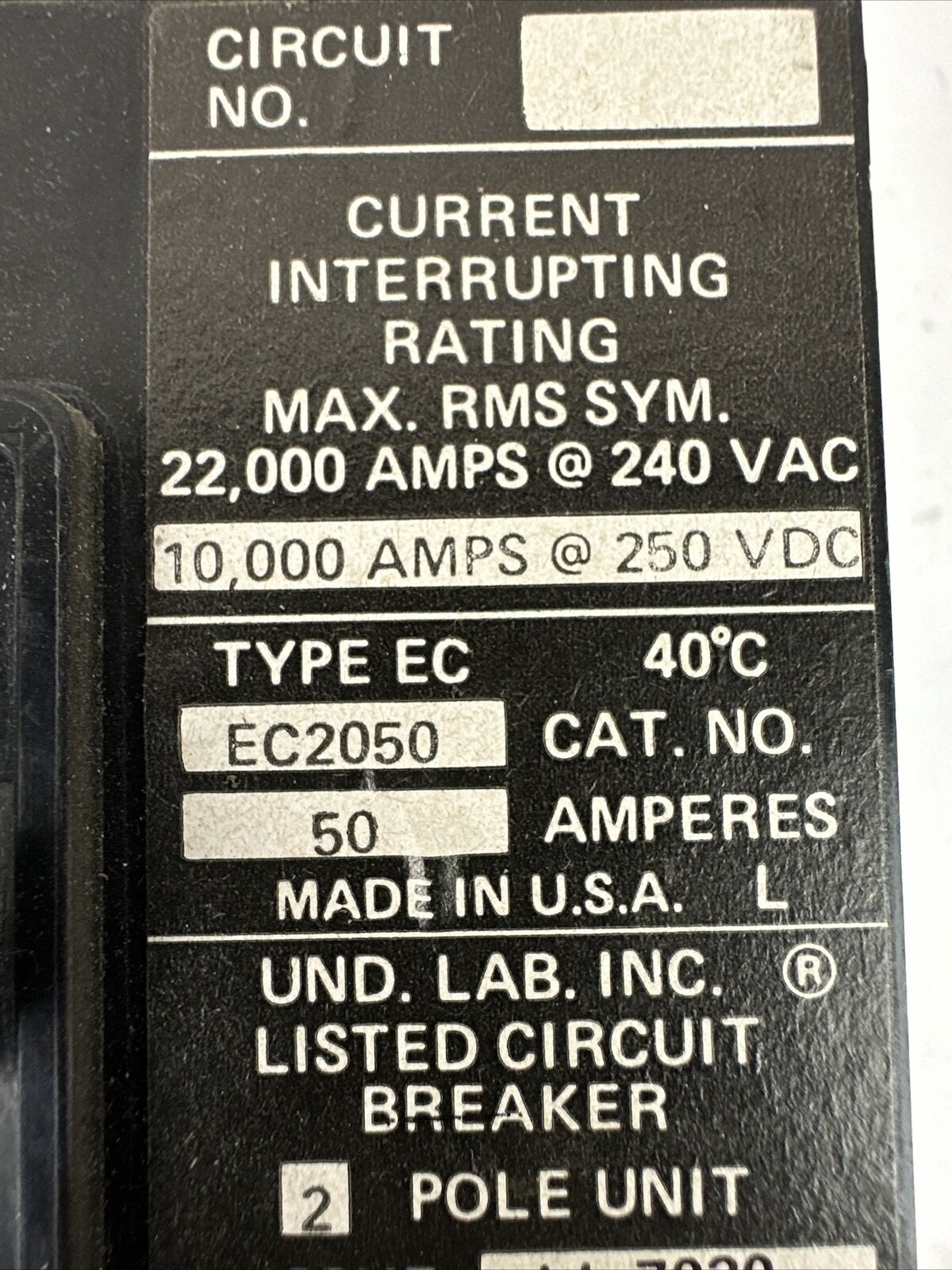 CUTLER HAMMER EC2050 CIRCUIT BREAKER 50AMP 240VAC 250VDC 2POLE