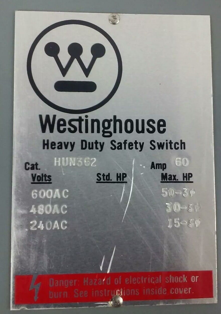 WESTINGHOUSE, HUN362, SAFETY SWITCH, 60A, 600V, 3P, TYPE 1 INDOOR ENCLOSURE, NEW