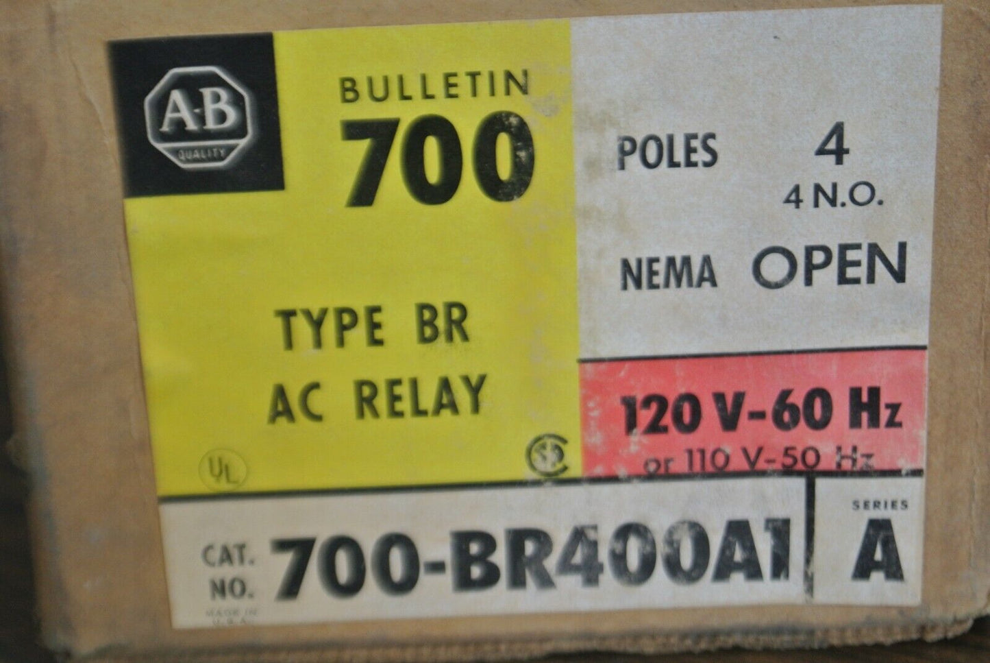 ALLEN-BRADLEY 700-BR400A1 / TYPE BR AC CONTROL RELAY / 4 NO / 120V / NEW SURPLUS