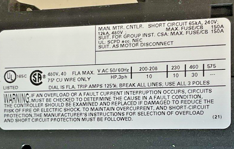 SIEMENS 3RV2021-4FA15 MOTOR CONTROL 24-40A