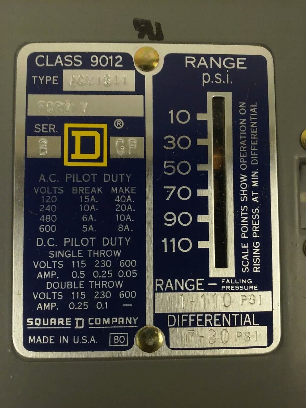 SQUARE D 9012 ACW1S11 SER.B, PRESSURE SWITCH, SET 43-50 PSI, FORM V, 9012 ACW1