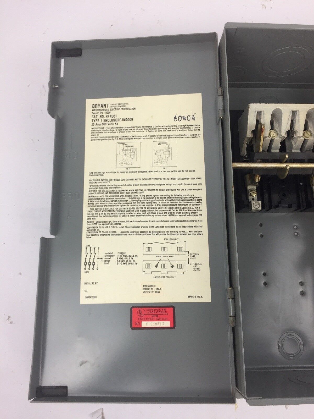 WESTINGHOUSE HFN361 HEAVY DUTY SAFETY SWITCH 600 VAC 30 AMP TYPE 1 ENCLOSURE