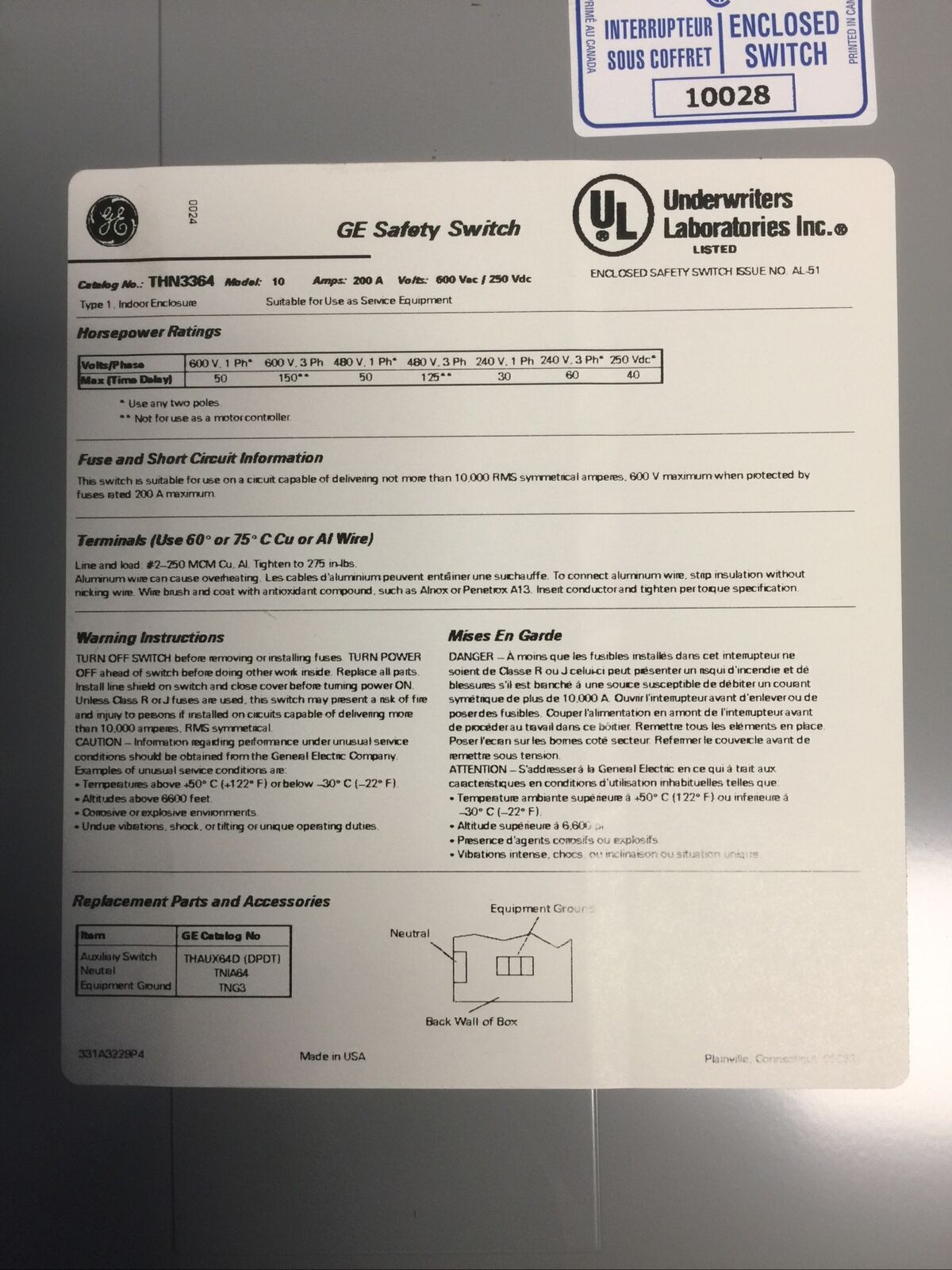 GE THN3364 SAFETY SWITCH 200AMP 250VDC 600VAC 150HP 3 PHASE NON-FUSIBLE MODEL 10