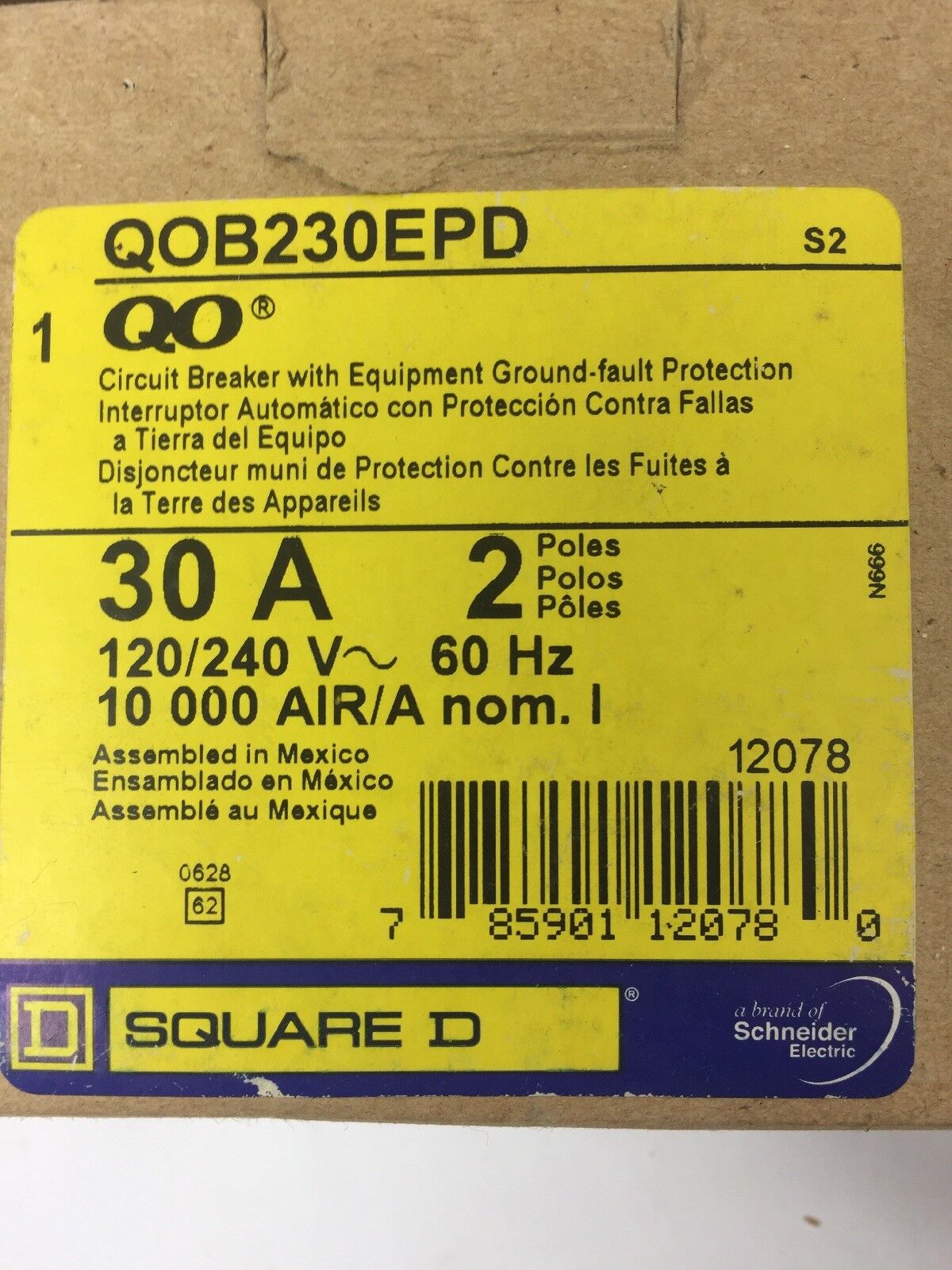 SQUARE D QOB230EPD CIRCUIT BREAKER W/ EQUIPMENT GROUND-FAULT PROTECTION 30A