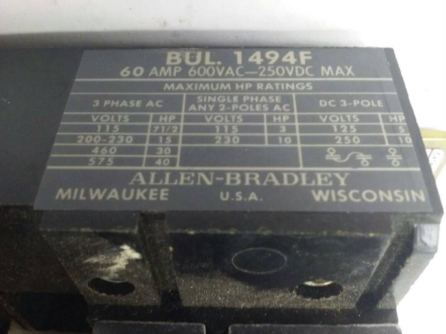 ALLEN BRADLEY 1494M-NF60 SER. A, FUSIBLE DISCONNECT SWITCH, 3P, 60A, 600V-250DC