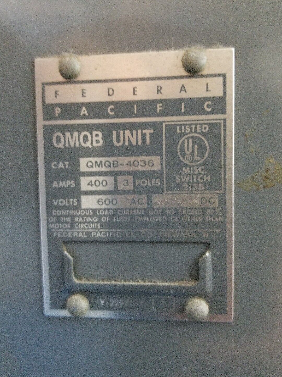 FEDERAL PACIFIC QMQB4036 400A 600VAC 3POLE PANEL SWITCH