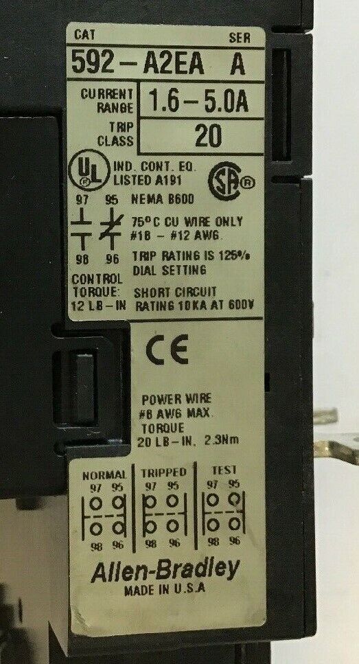ALLEN BRADELY 592-A2EA OVERLOAD RELAY SER A CURRENT 1.6-5.0A TRIP CLASS 20