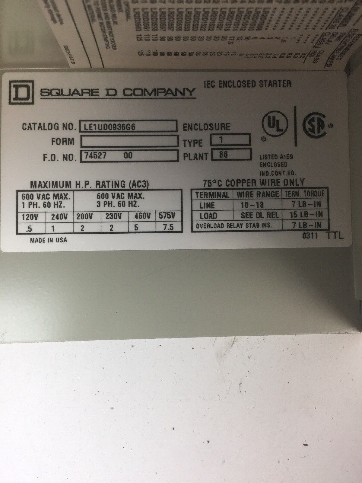 SQUARE D LE1UD0936G6 AC MAGNETIC STARTER 600VAC TYPE 1 COIL 120V 60HZ