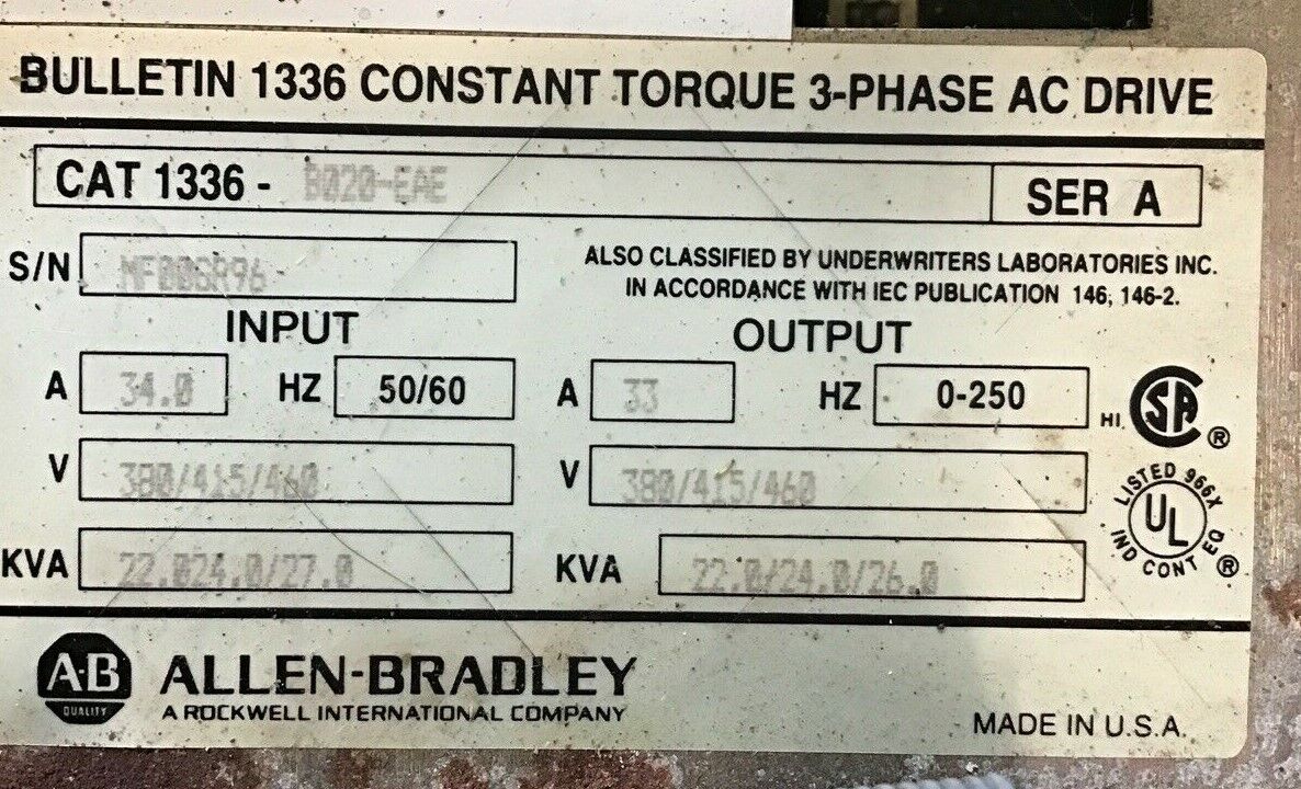 ALLEN BRADLEY 1336-B020-EAE SER.A CONSTANT TORQUE AC DRIVE