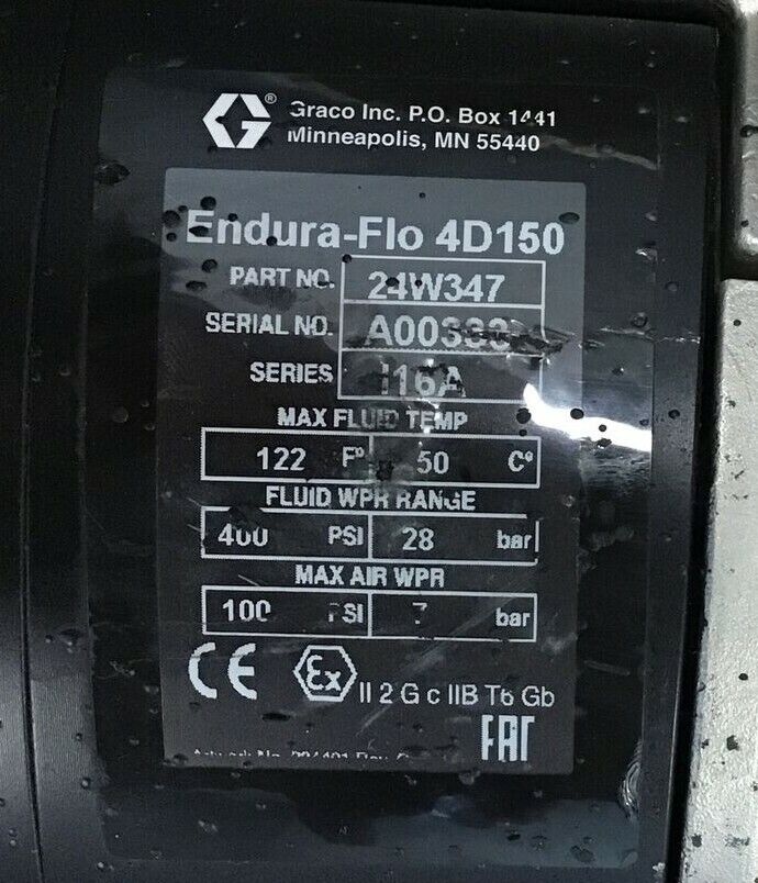 GRACO 24W347 ENDURA-FLO 4D150 DIAPHRAGM PUMP 400PSI/28BAR 100PSI 100PSI/7BAR