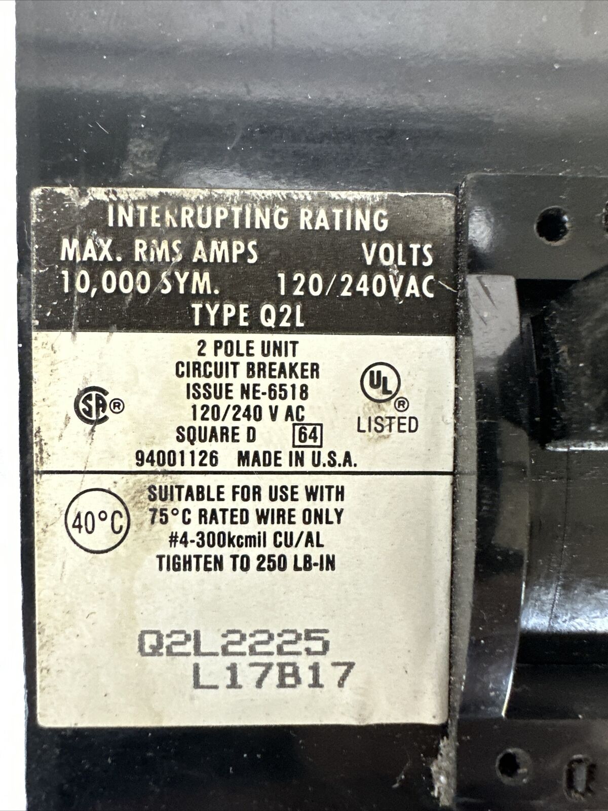 SQUARE D Q2L2225 CIRCUIT BREAKER 225AMP 2POLE 120/240VAC