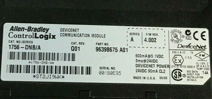 ALLEN BRADLEY 1756-DNB/A CAT.REV.Q01 SER. A F/W RE.4.002 DEVICENET COMMUNICATION