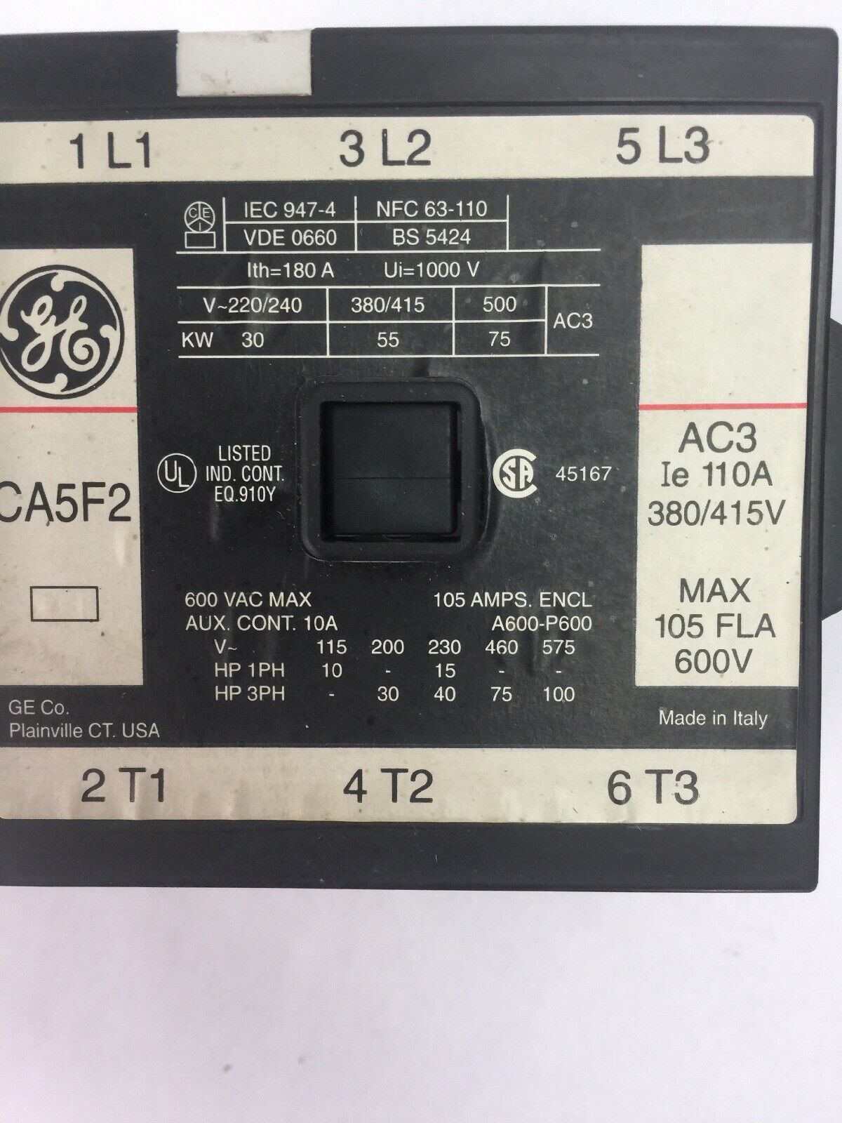 GE CA5F2 REVERSING CONTACTOR 600VAC 100HP 105AMP COIL 120V 60HZ