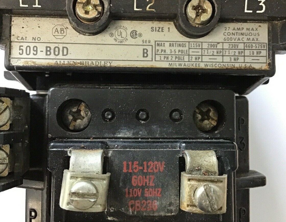 ALLEN BRADLEY 509-B0D SIZE 1 STARTER 600VAC 27AMP 10HP W26 HEATERS 120V COIL