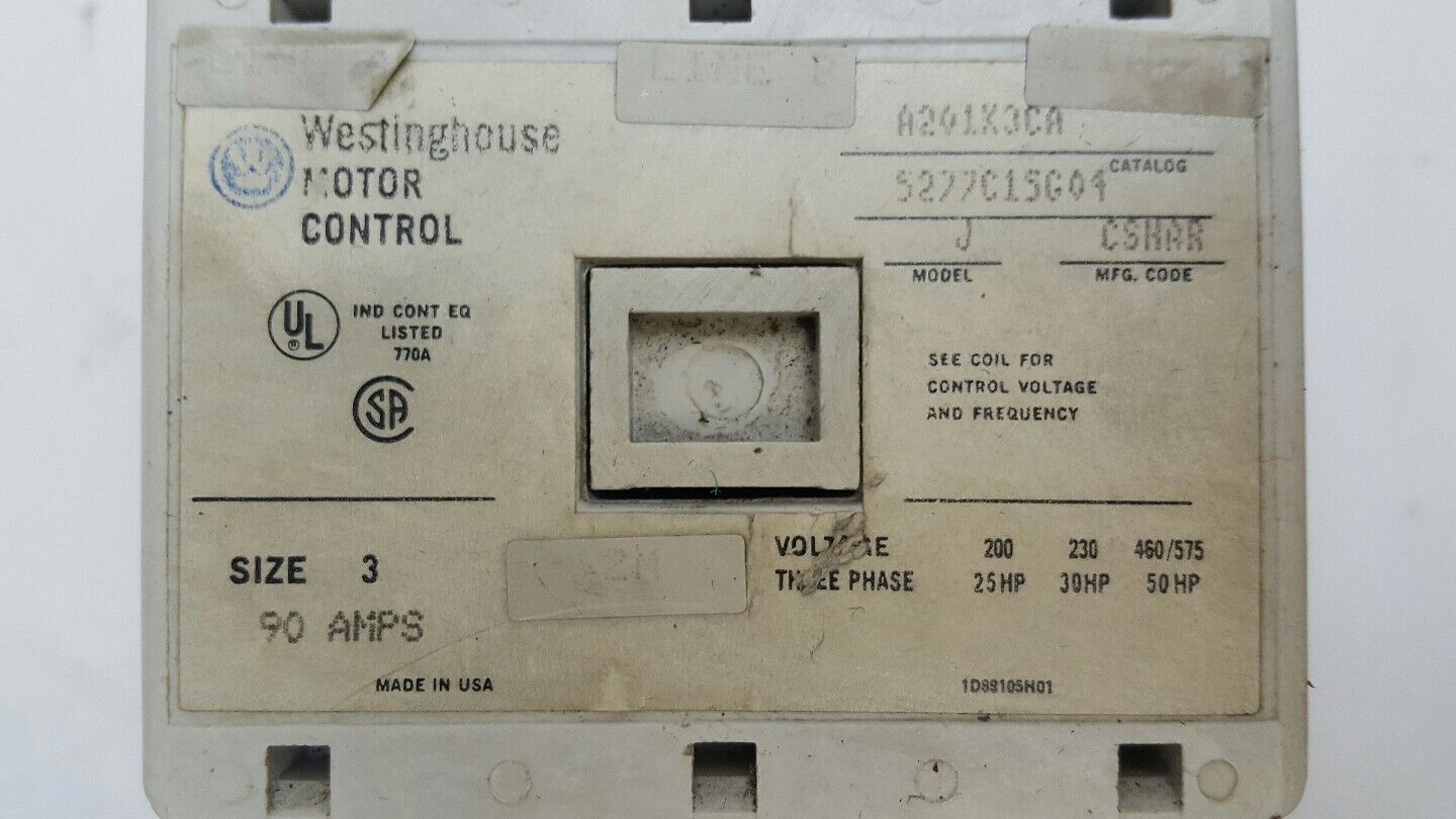 WESTINGHOUSE A201K3CA MOTOR CONTROL - SIZE 3 - MODEL J20 - 90A - 3-PH 5277c15g04