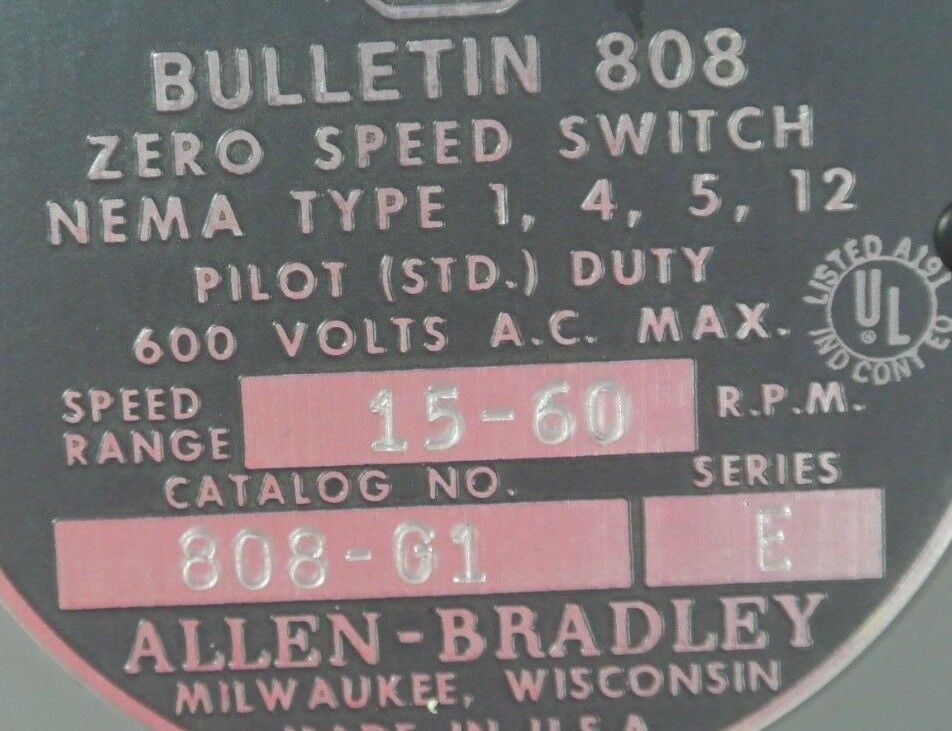 ALLEN-BRADLEY 808-G1 PLUGGING SWITCH - 15-60 RPM - N.O. CONTACTS - NEW SURPLUS