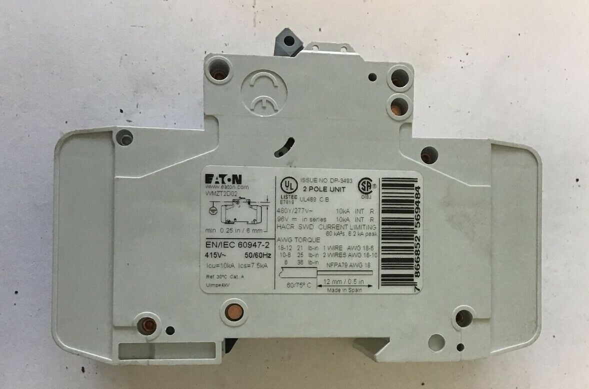 EATON WMZT2D02 CIRCUIT BREAKER 2A 480Y/277VAC 10KA 2POLE 50/60HZ***LOTOF3***