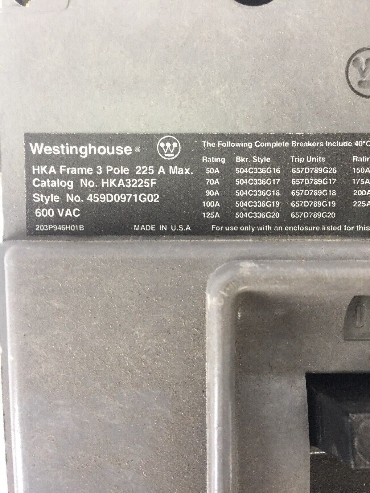 WESTINGHOUSE HKA3225F CIRCUIT BREAKER 600VAC 225A 3 POLE TRIP UNIT 200A