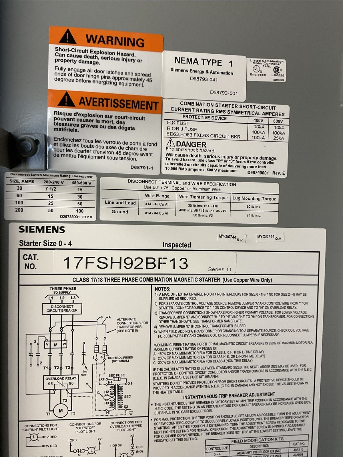 SIEMENS 17FSH92BF13 FUSIBLE COMBINATION STARTER 600VAC 10HP COIL 120V