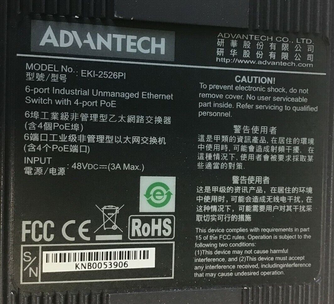 ADVANTECH EKI-2526PI INDUSTRIAL EHTERNET SWITCH 6PORT 48VDC 3A