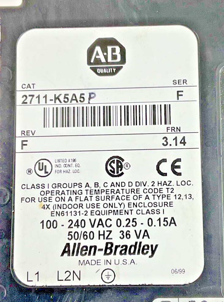 ALLEN BRADLEY 2711-K5A5 OPERATOR INTERFACE PANEL SER.F REV.F FRN:3.14 240VAC