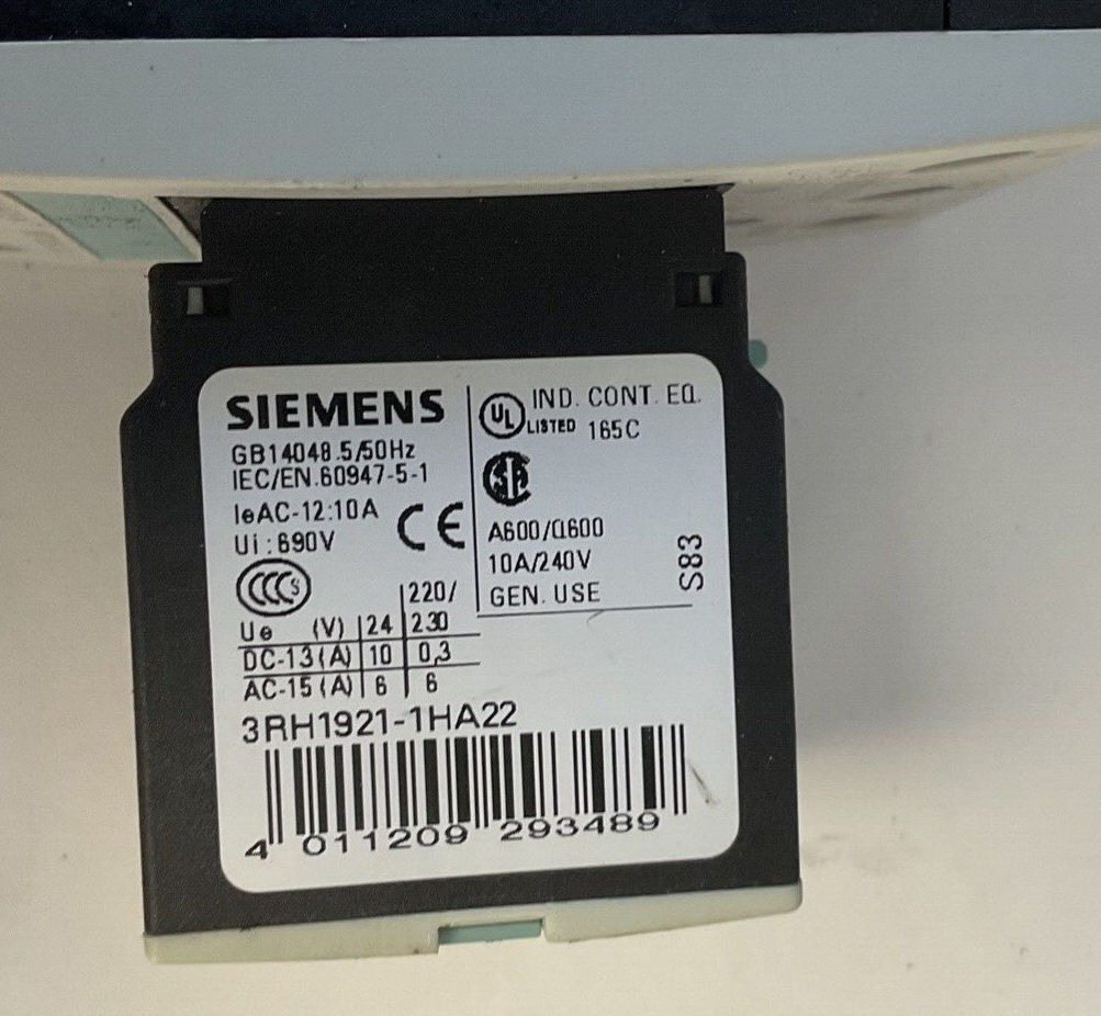 SIEMENS 3RT1036-1BB40 CONTACTOR 24VDC W/3RH1921-1HA22 CONTACT BLOCK