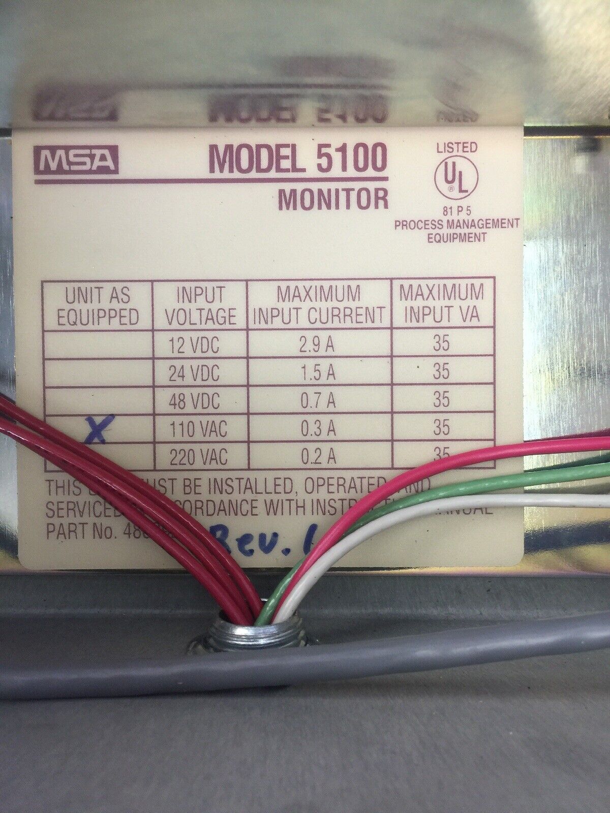 MSA MODEL 5100 MONITOR 110VAC 0.3A