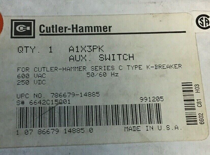CUTLER HAMMER A1X3PK AUXILIARY SWITCH