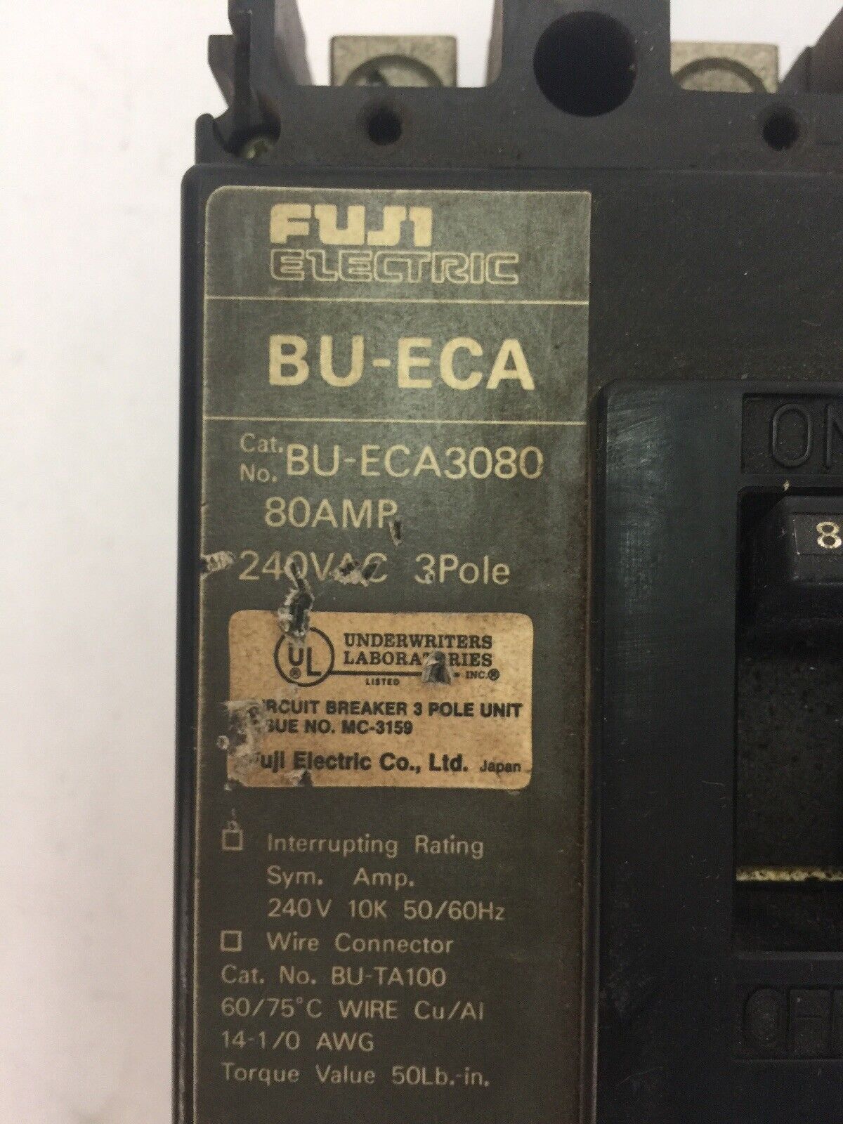 FUJI BU-ECA3080 CIRCUIT BREAKER 80AMP 240VAC 3 POLE BU-ECA