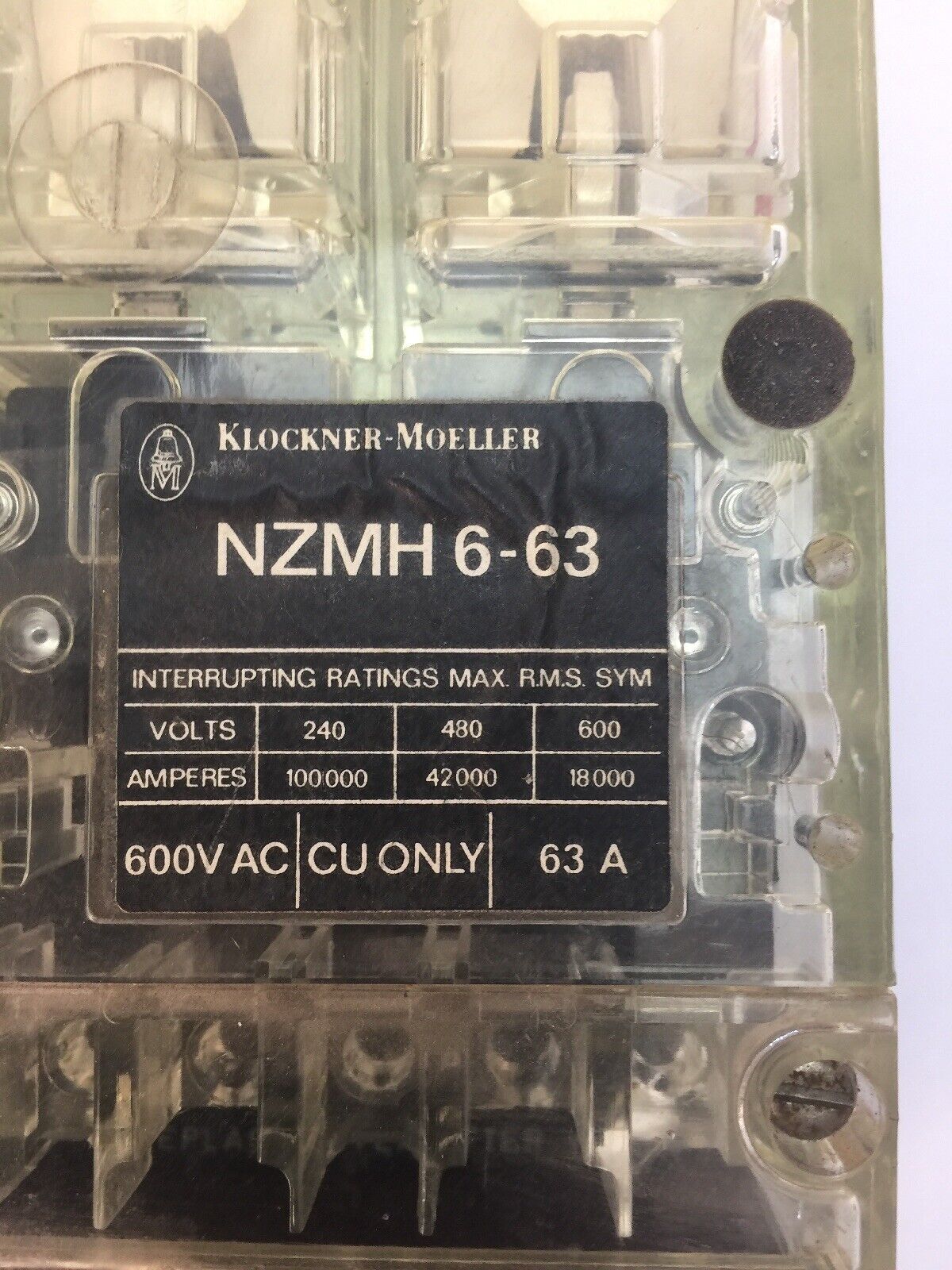 KLOCKNER MOELLER NZMH6-63 CIRCUIT BREAKER 600VAC 63A ZM6-25-CNA THERMAL TRIP