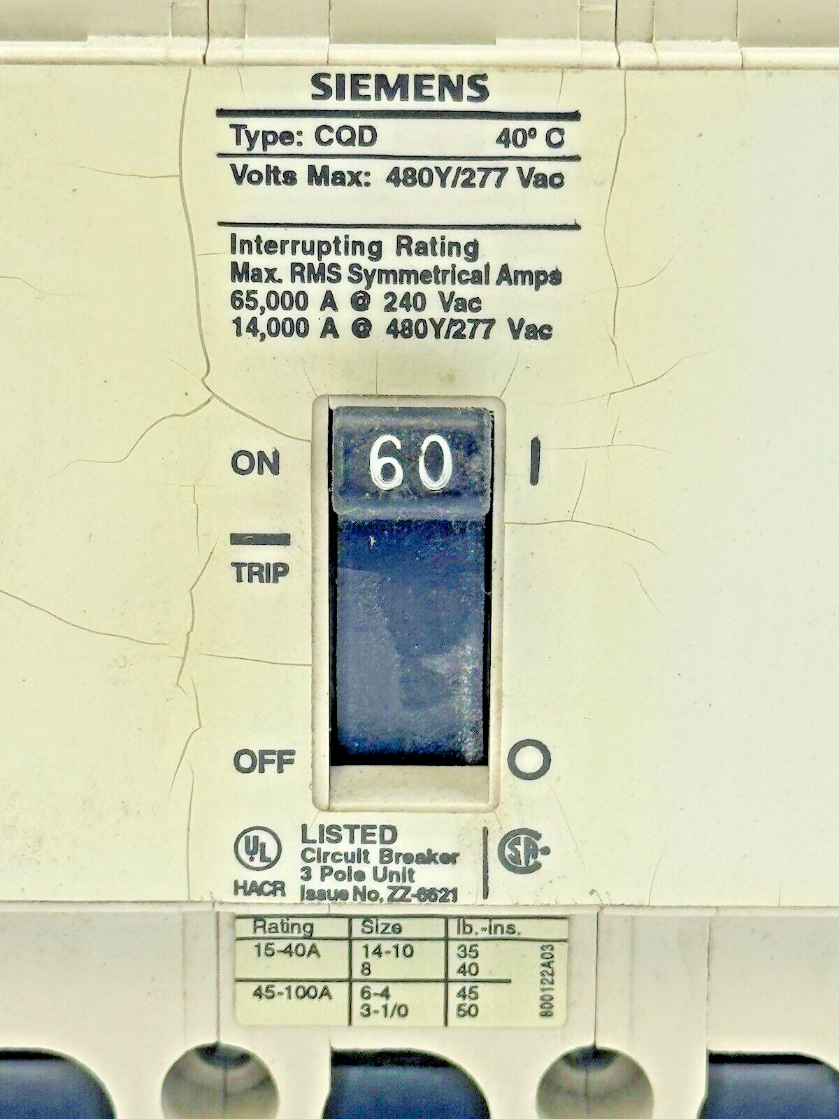 SIEMENS - CQD360AD - BREAKER (CQD360 W/ CQDA1 AUX SWITCH) - 3 POLE/60A/480 VAC