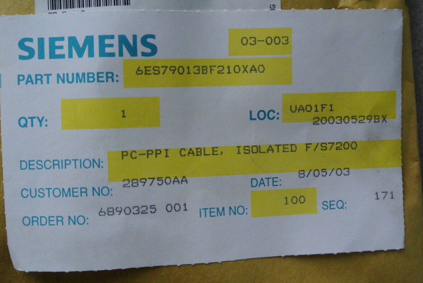 SIEMENS 6ES7 901-3BF21-0XA0 PC-PPI CABLE, ISOLATED S7-200 in FACTORY-SEALED BAG