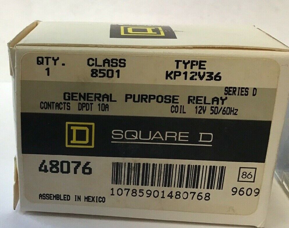 SQUARE D 8501 KP-12V36 GENERAL PURPOSE RELAY CONTACTS DPDT 10A COIL 12V 50/60HZ