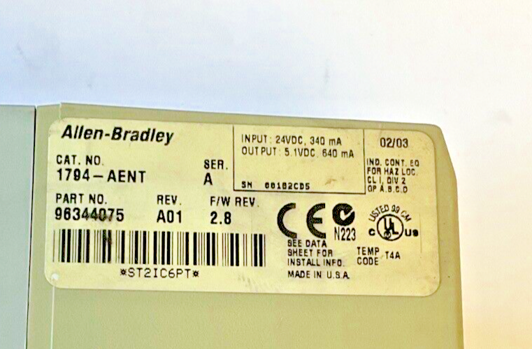 ALLEN BRADLEY 1794-AENT ETHERNET/IP 10/100 ETHER ADAPTER SER.A REV.A01 FWREV 2.8