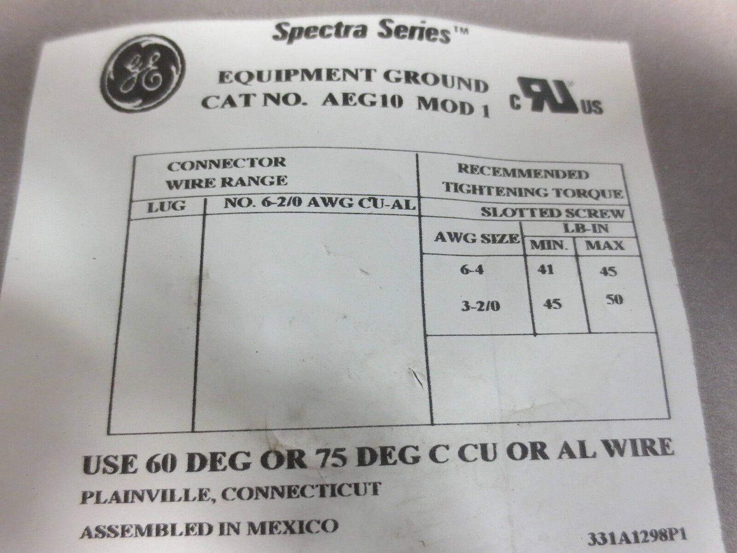GE AEG10, MODEL 1 BONDED EQUIPMENT GROUND KIT - NEW SURPLUS, BUT 1 PIECE MISSING