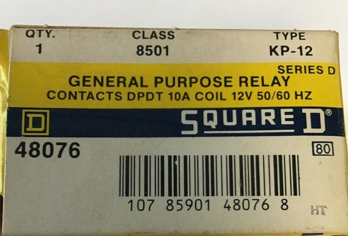 SQUARE D 8501 KP-12 GENERAL PURPOSE RELAY CONTACTS DPDT 10A COIL 12V 50/60HZ