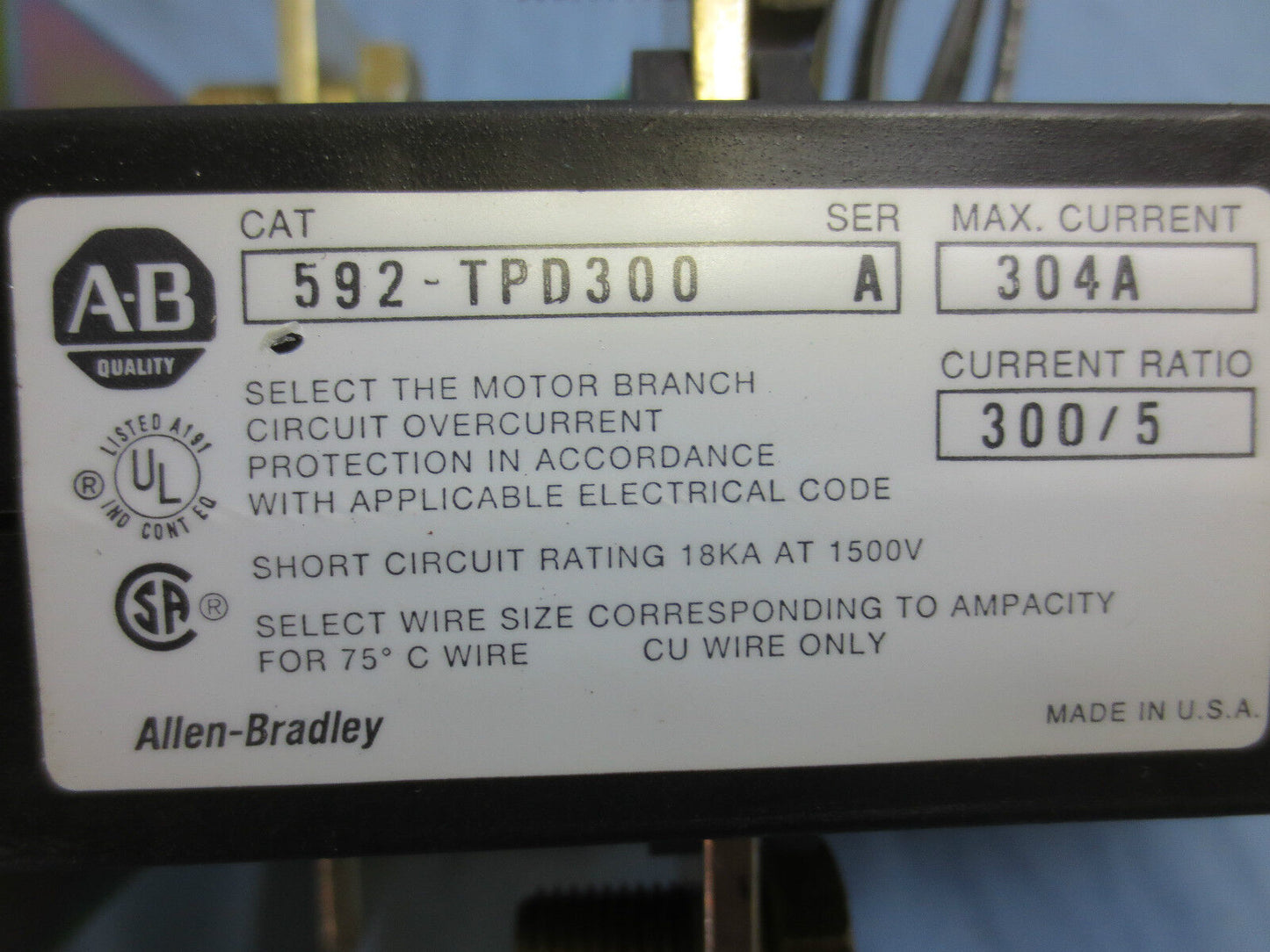 ALLEN-BRADLEY 592-TPD300 Ser. A OVERLOAD RELAY 304A w/ 592-JOV16 w/ W39 HEATERS