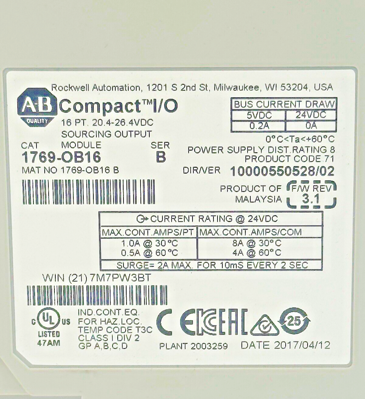 ALLEN-BRADLEY - 1769-OB16 SER. B, F/W REV 3.1, DIR/VER 10000550528/02- 16 PT.