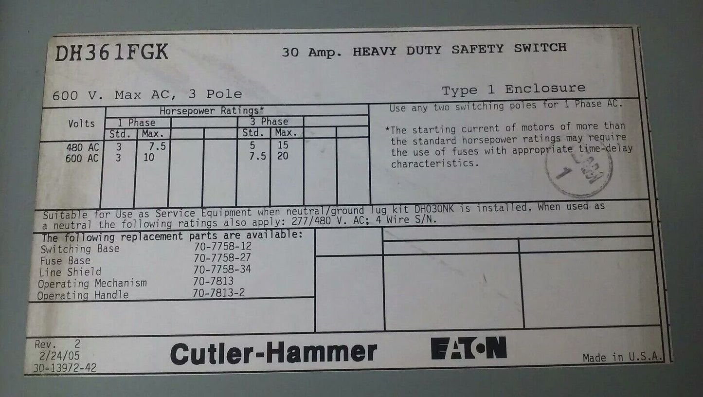 CUTLER HAMMER DH361FGK FUSIBLE SAFETY SWITCH 3P 30A 600VAC 20HP TYPE 1 ENCLOSURE