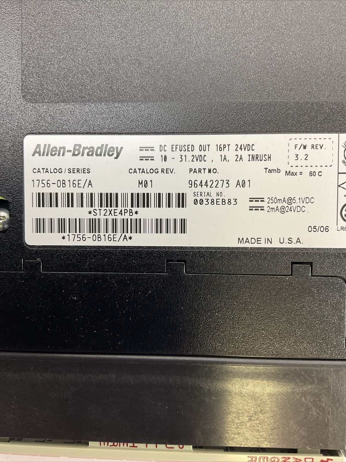 ALLEN BRADLEY 1756-OB16E SER A CAT REV M01 F/W REV 3.2 DC EFUSED OUT 16PT 24VDC