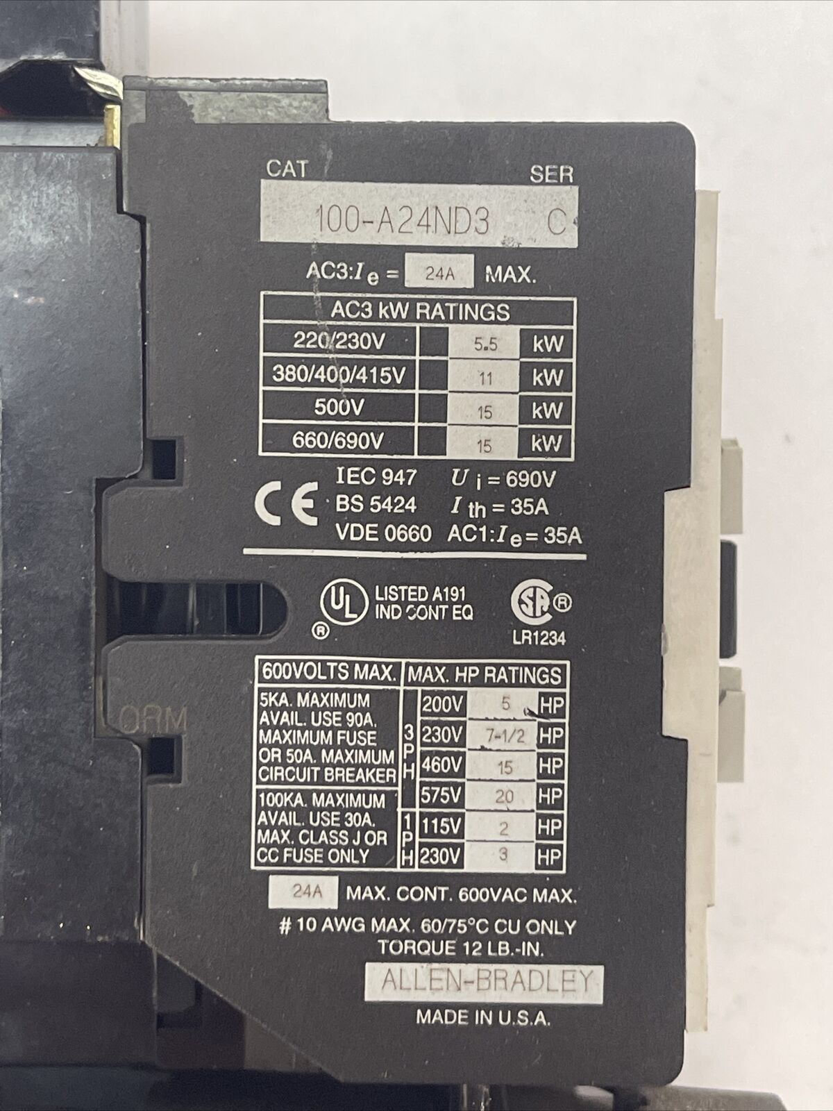 ALLEN BRADLEY STARTER 100-A24ND3 SER C CONTACTOR 600VAC 24A 20HP COIL 120V 60HZ