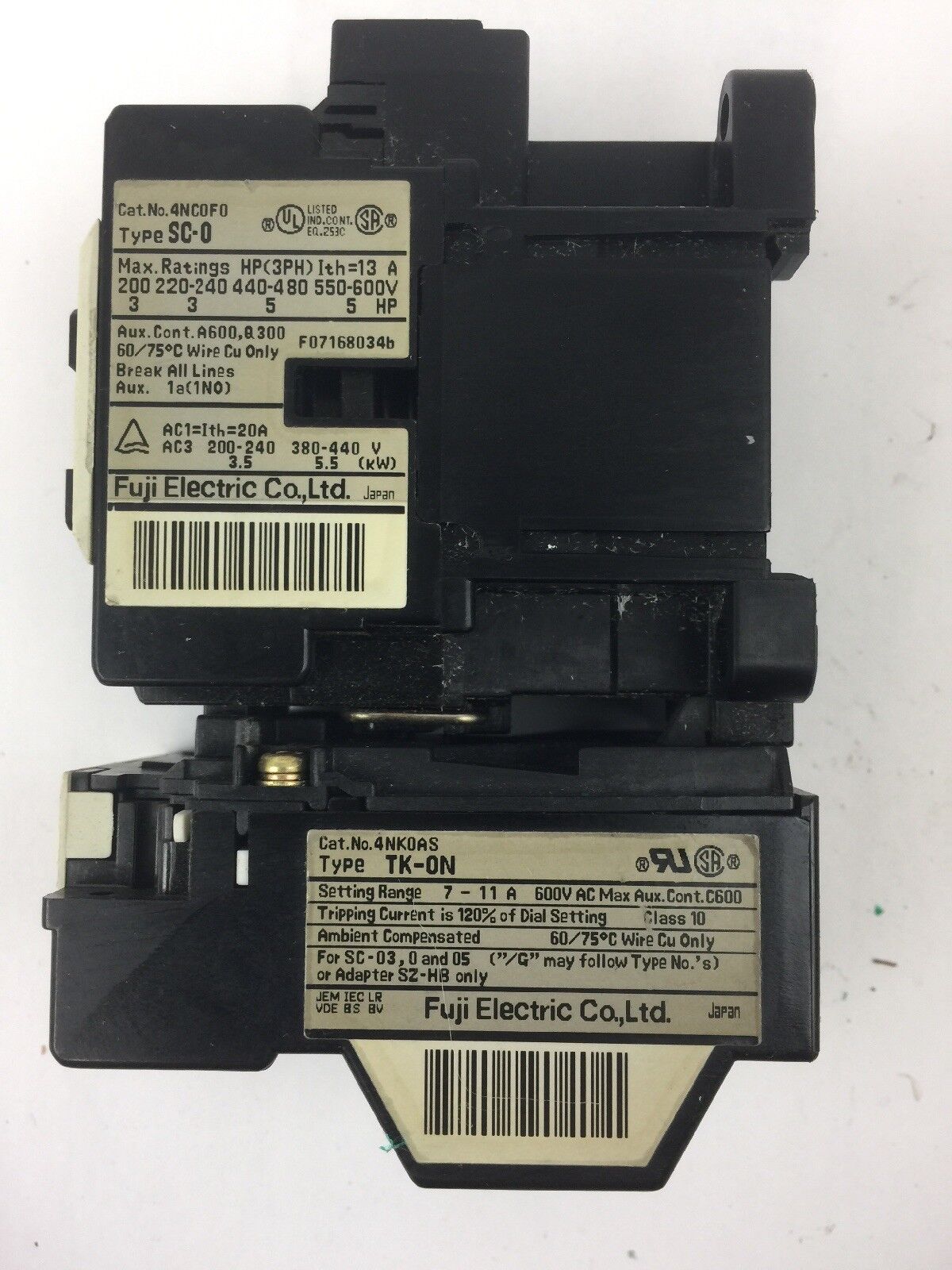 FUJI ELECTRIC 4NC0F0 TYPE SC-0 CONTACTOR 4NK0AS TYPE TK-0N OVERLOAD RELAY