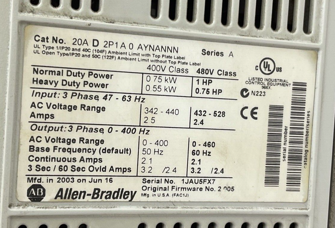 ALLEN BRADLEY 20AD2P1A0AYNANNN AC DRIVE SER.A 480V FRM:2.005