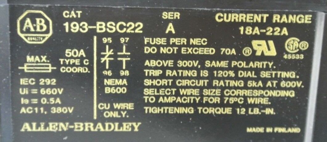 ALLEN-BRADLEY 193-BSC22 BIMETALLIC OVERLOAD RELAY 18A-22A - NEW SURPLUS