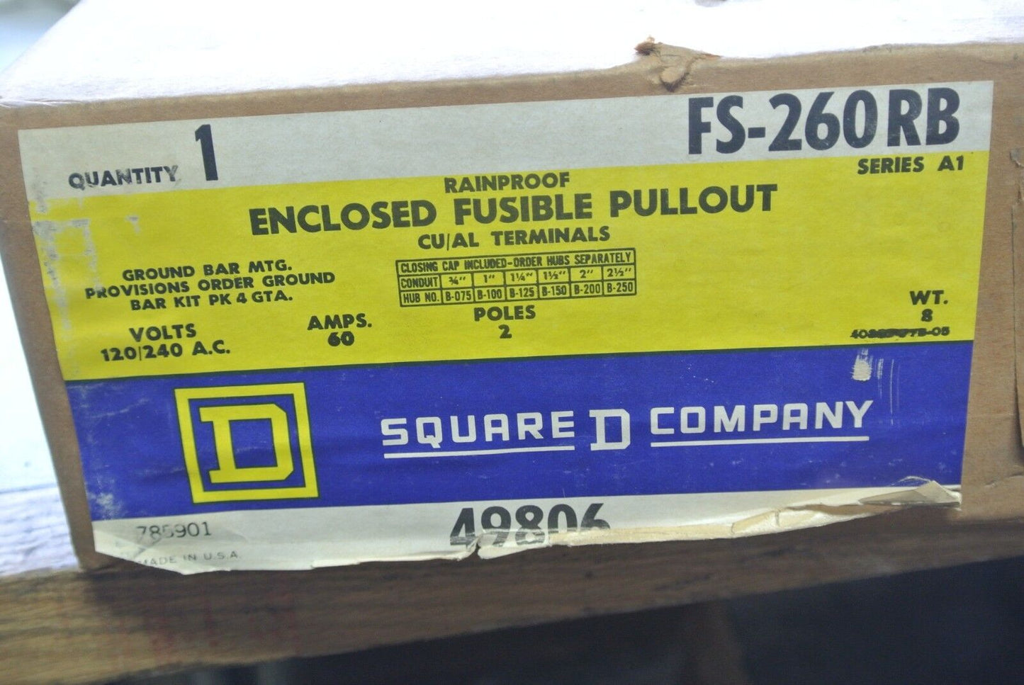 SQUARE D FS-260RB ENCLOSED FUSIBLE PULLOUT, RAINPROOF 120/240VAC 60A NEW SURPLUS