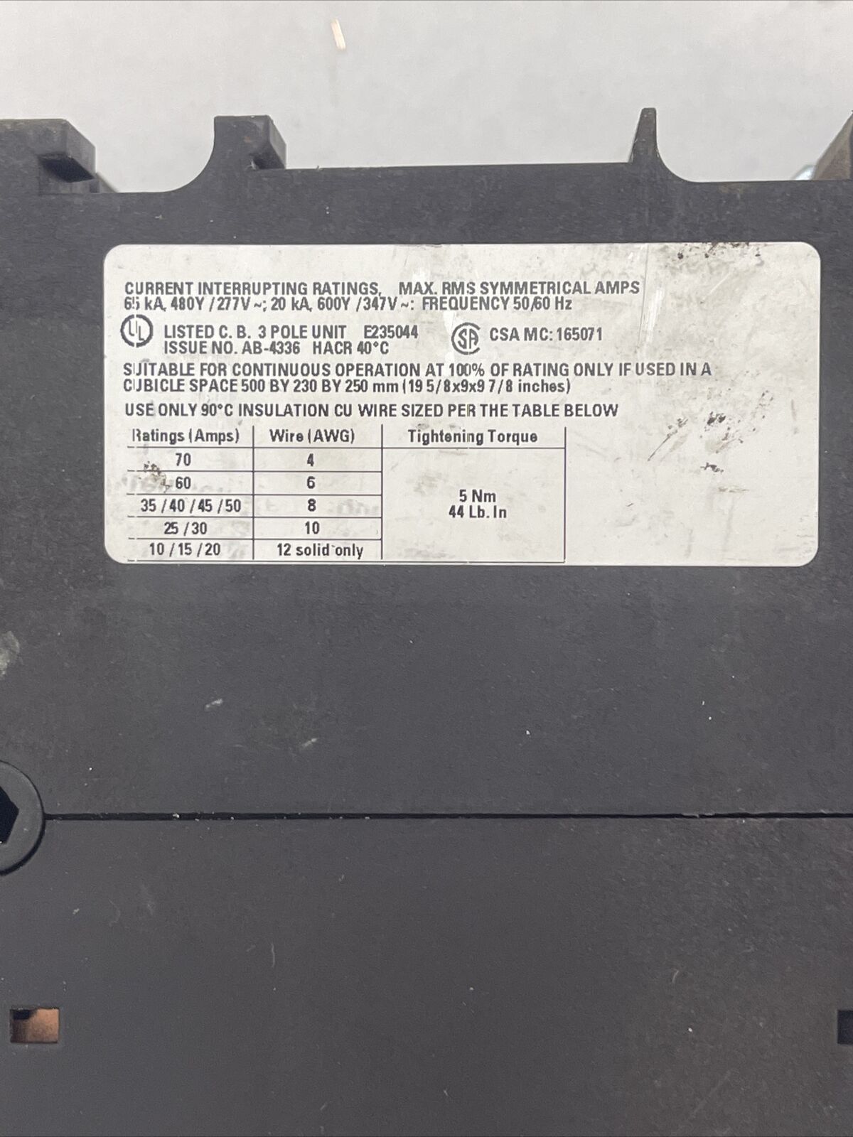SIEMENS 3RV1742-5BD10 CIRCUIT BREAKER 600VAC 600Y/347VAC 20kA 480Y/277VAC 65kA