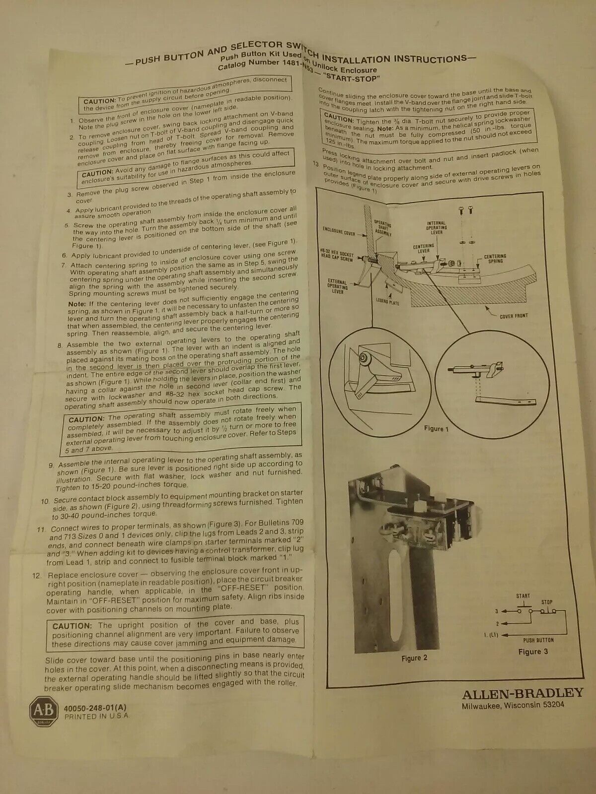 ALLEN BRADLEY 1481-N53 SERIES B PUSH BUTTON KIT, NEMA 7-9, SIZE 0-2