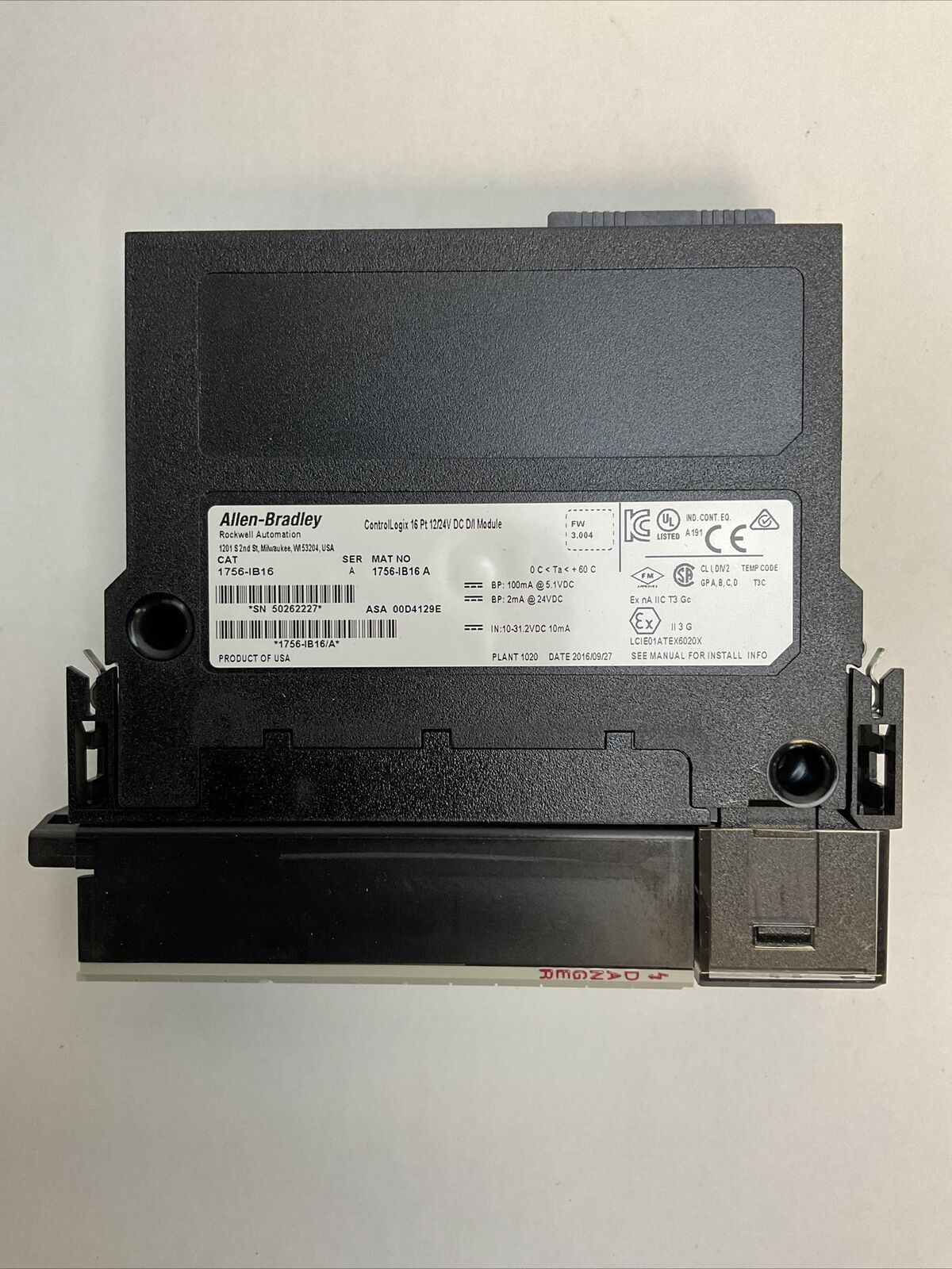 ALLEN BRADLEY 1756-IB16 SER A FW 3.004 CONTROL LOGIX 16PT 12/24VDC DIGITAL INPUT